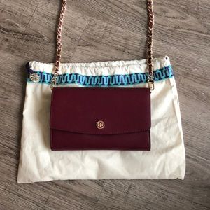 Oxblood Tory Burch Robinson chain wallet